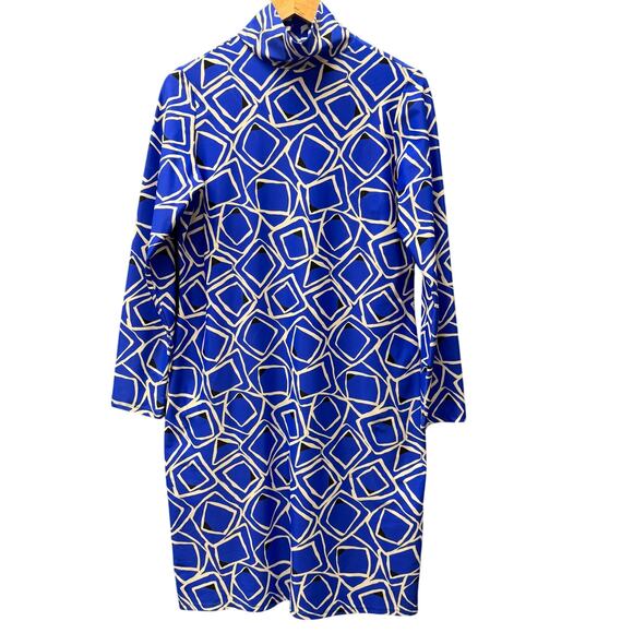 Jude Connally Dress Womens Large Blue Geometric Stretch Mock Neck Long Sleeve - Picture 1 of 8